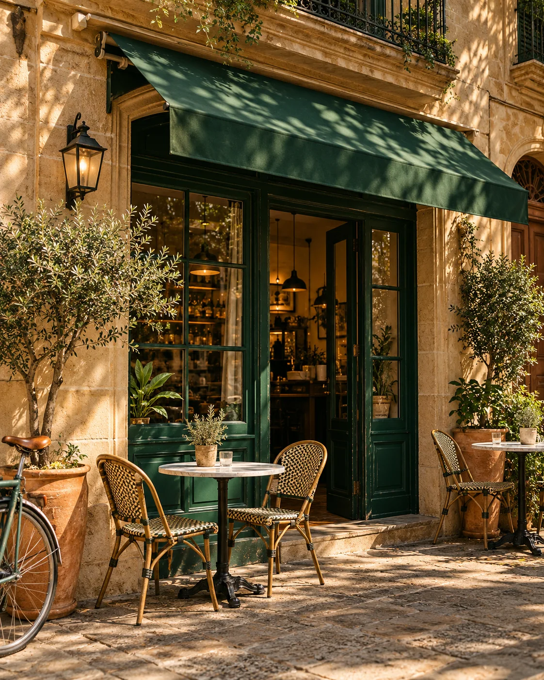Concepto de fotografía para un comercio mediterráneo: fachada de cafetería con puertas verdes