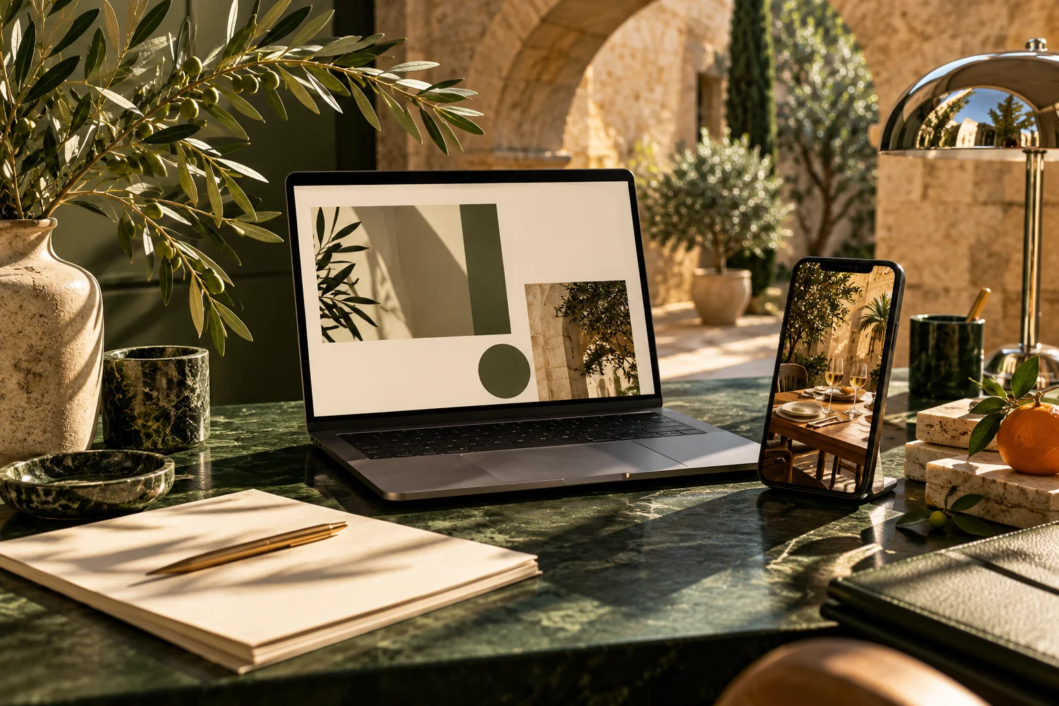 Concepto visual de NEXXO: diseño web y contenido digital en un estudio de inspiración mediterránea
